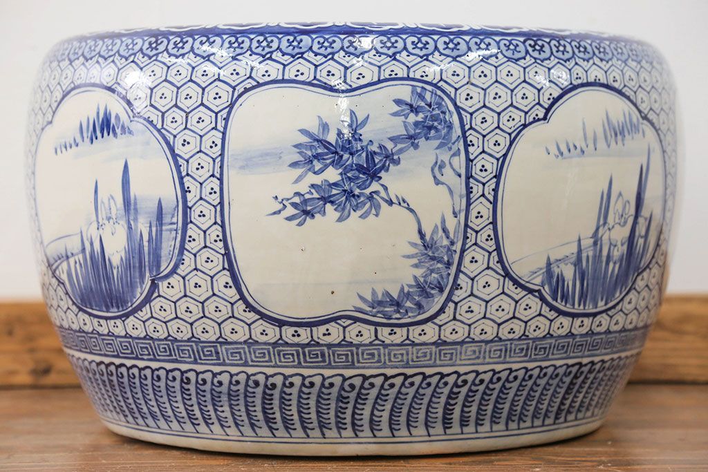 アンティーク雑貨　古民具・骨董 大振り!窓絵山水図 瀬戸火鉢