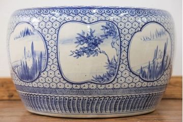 アンティーク雑貨　古民具・骨董 大振り!窓絵山水図 瀬戸火鉢