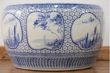 アンティーク雑貨　古民具・骨董 大振り!窓絵山水図 瀬戸火鉢
