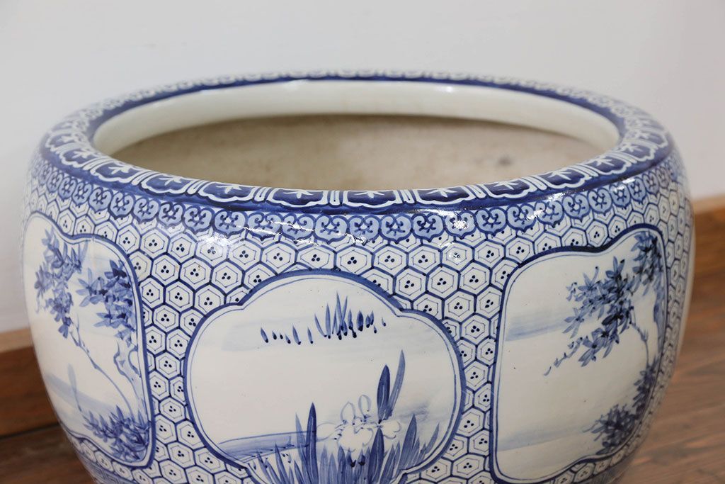 アンティーク雑貨　古民具・骨董 大振り!窓絵山水図 瀬戸火鉢