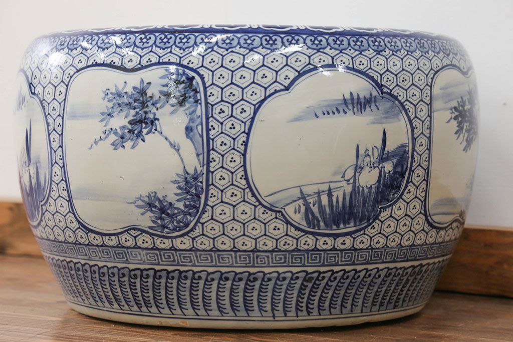 アンティーク雑貨　古民具・骨董 大振り!窓絵山水図 瀬戸火鉢