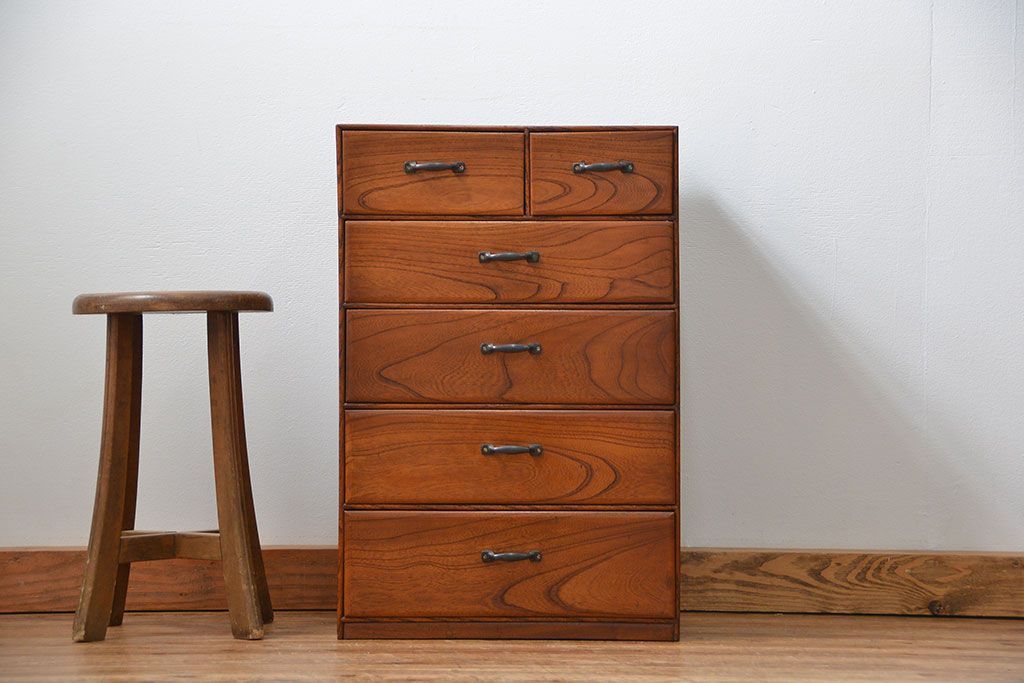 アンティーク家具　アンティーク 古い木のシンプルな6杯小引き出し(ドロワー、チェスト)