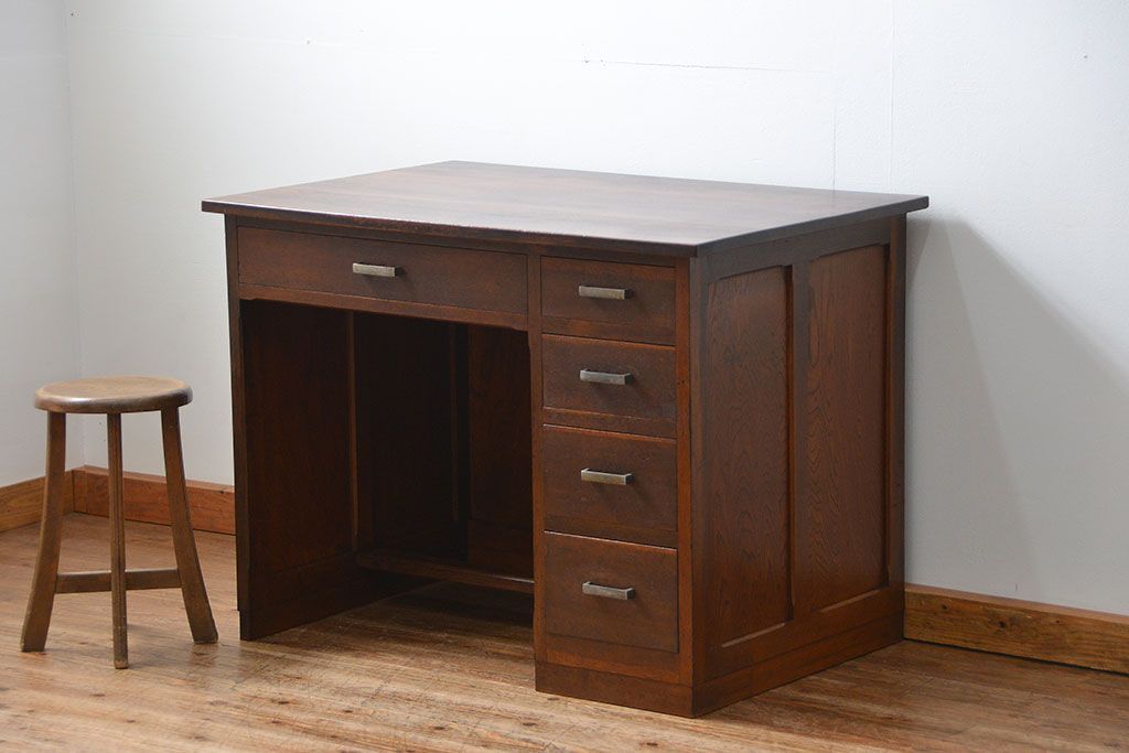 アンティーク家具　古いナラ材の上質なカウンター式 アンティーク片袖机(テーブル、デスク、在宅ワーク、在宅用、レジ台)