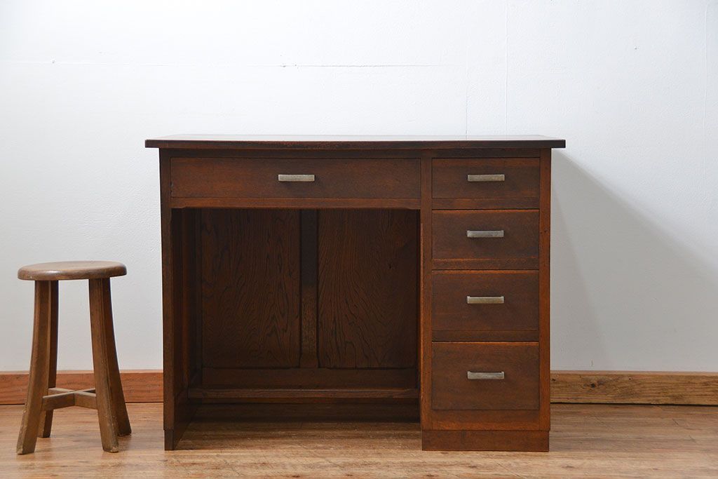 アンティーク家具　古いナラ材の上質なカウンター式 アンティーク片袖机(テーブル、デスク、在宅ワーク、在宅用、レジ台)