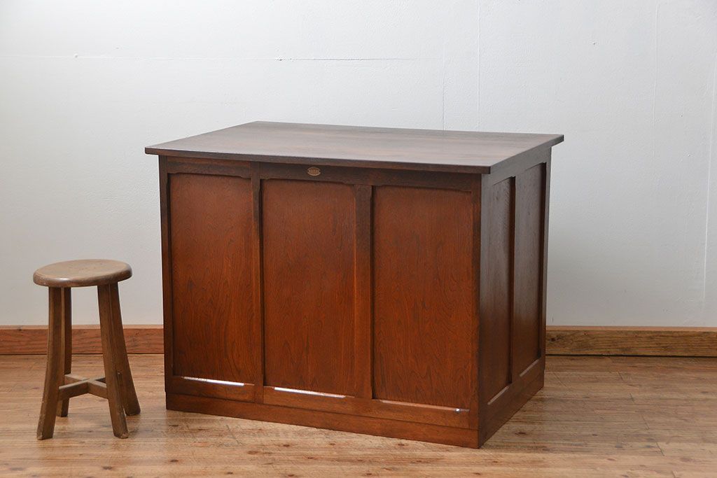 アンティーク家具　古いナラ材の上質なカウンター式 アンティーク片袖机(テーブル、デスク、在宅ワーク、在宅用、レジ台)