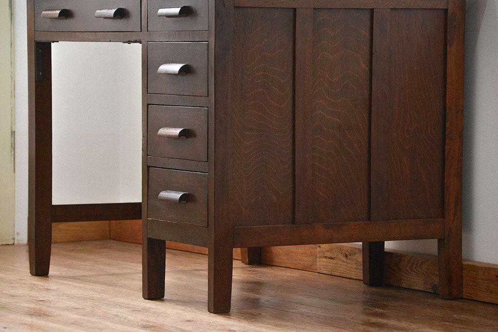 アンティーク家具　アンティーク タモ材とブナ材のシックな片袖机(テーブル、デスク、在宅ワーク、在宅用)