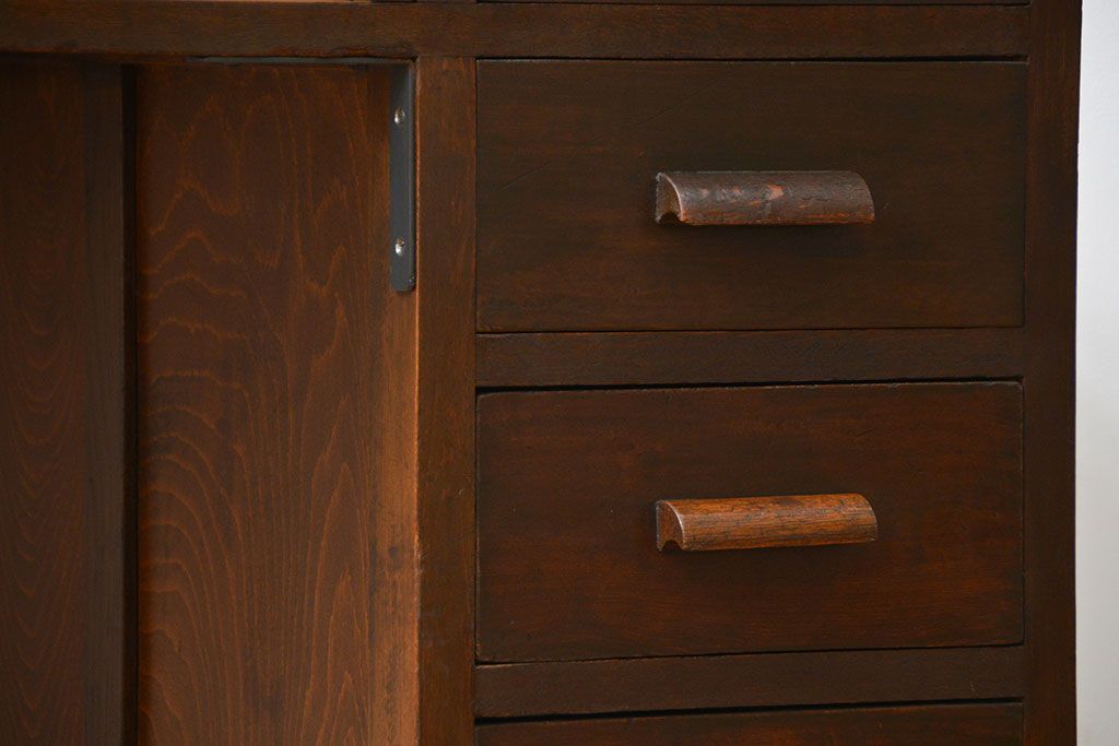 アンティーク家具　アンティーク タモ材とブナ材のシックな片袖机(テーブル、デスク、在宅ワーク、在宅用)