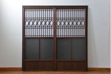 大正ロマン 珍品 菱形模様のガラス障子戸2枚セット(ガラス戸、和風建具)