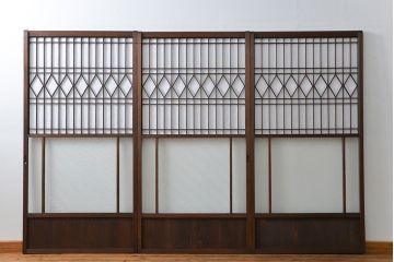 大正ロマン 珍品 菱形模様のガラス障子戸3枚セット(ガラス戸、和風建具)