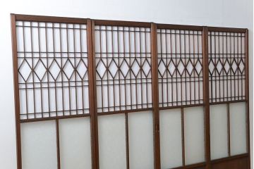 大正ロマン 珍品 菱形模様のガラス障子戸4枚セット(ガラス戸、和風建具)