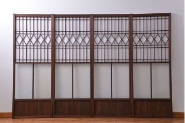 大正ロマン 珍品 菱形模様のガラス障子戸4枚セット(2) (ガラス戸、和風建具)