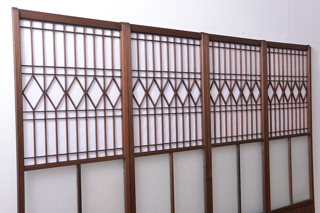大正ロマン 珍品 菱形模様のガラス障子戸4枚セット(2) (ガラス戸、和風建具)