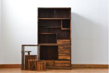 アンティーク家具　古民具・骨董 前面黒柿無垢材 二段重ね 高級茶箪笥(水屋箪笥)
