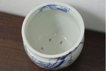 アンティーク雑貨　アンティーク 花鳥の図 染付 水鉢(手水鉢、水甕)