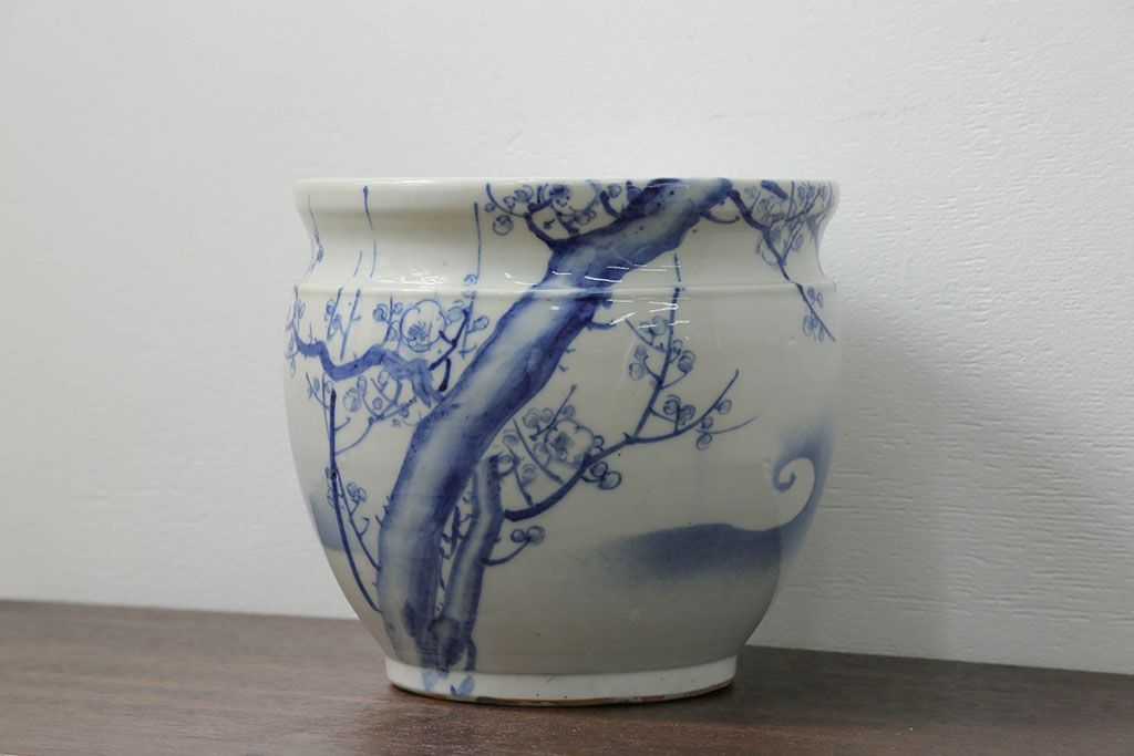 アンティーク雑貨　アンティーク 花鳥の図 染付 水鉢(手水鉢、水甕)