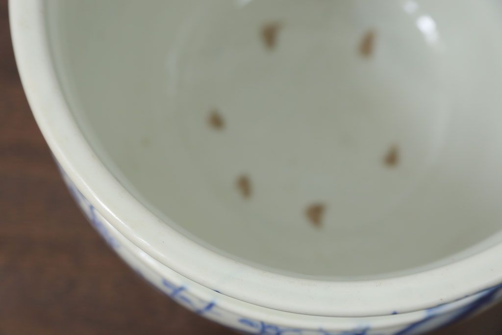 アンティーク雑貨　アンティーク 花鳥の図 染付 水鉢(手水鉢、水甕)