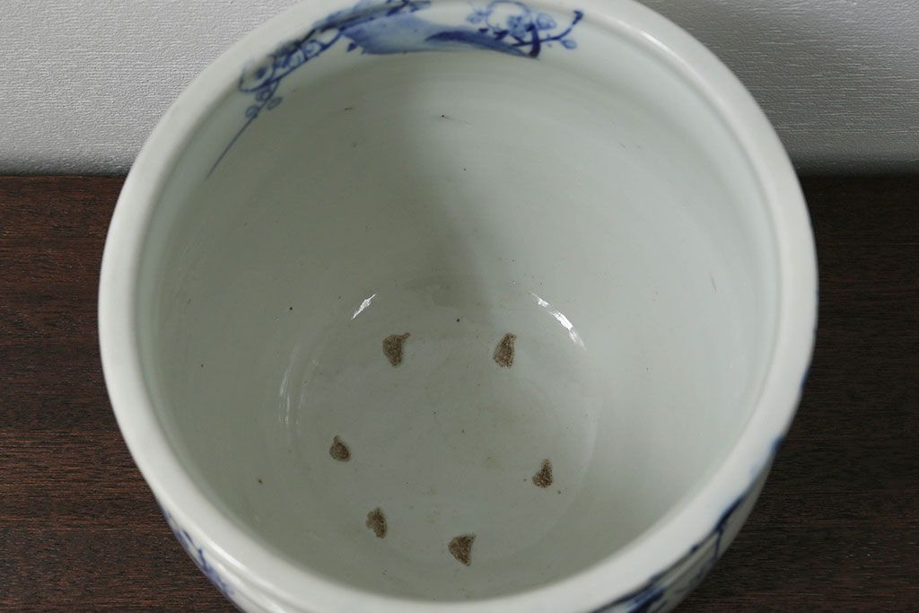 アンティーク雑貨　アンティーク 花鳥の図 染付 水鉢(手水鉢、水甕)