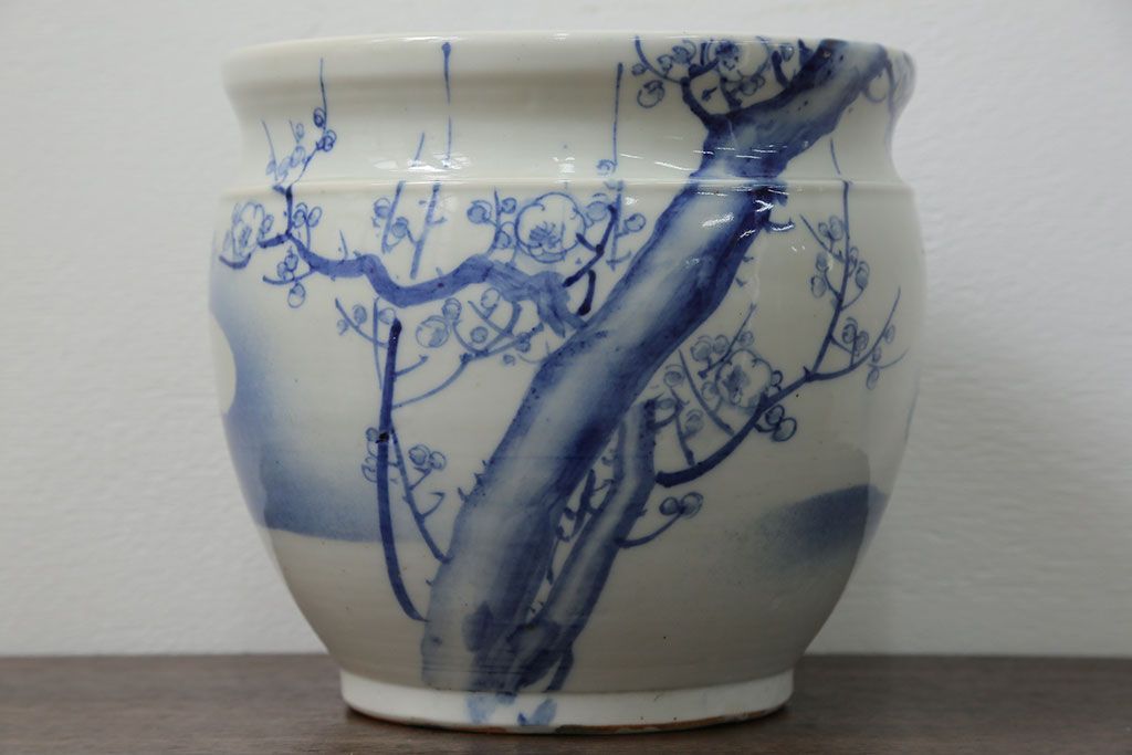 アンティーク雑貨　アンティーク 花鳥の図 染付 水鉢(手水鉢、水甕)