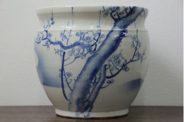 アンティーク雑貨　アンティーク 花鳥の図 染付 水鉢(手水鉢、水甕)