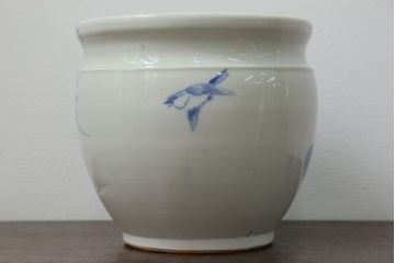 アンティーク雑貨　アンティーク 花鳥の図 染付 水鉢(手水鉢、水甕)