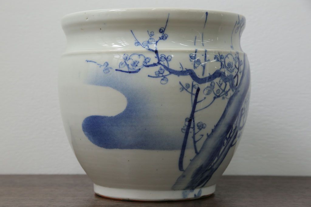 アンティーク雑貨　アンティーク 花鳥の図 染付 水鉢(手水鉢、水甕)