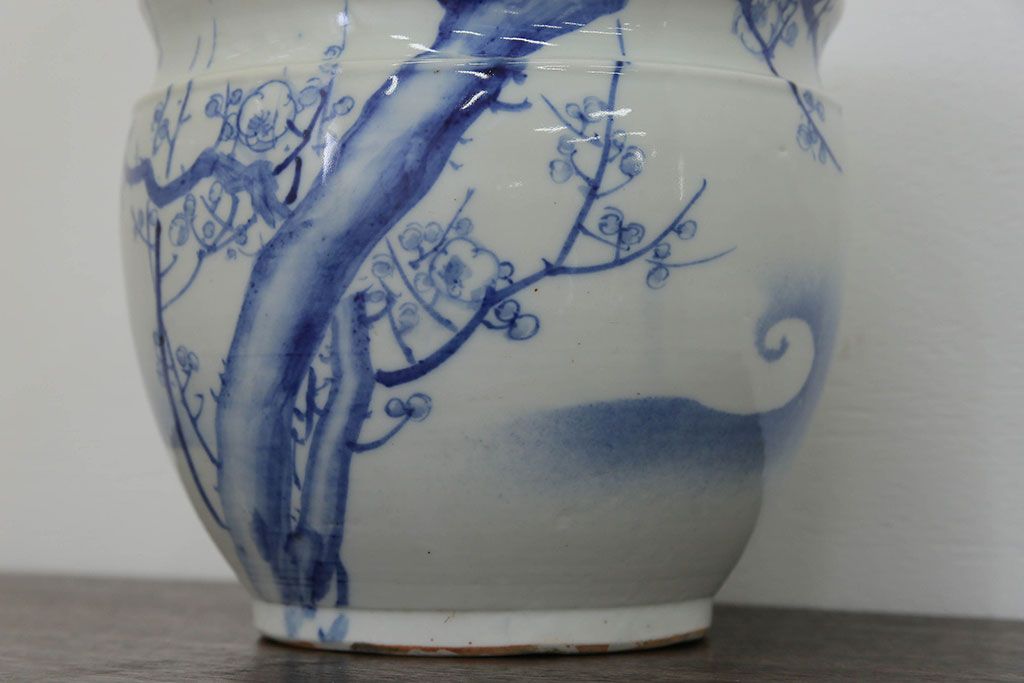 アンティーク雑貨　アンティーク 花鳥の図 染付 水鉢(手水鉢、水甕)