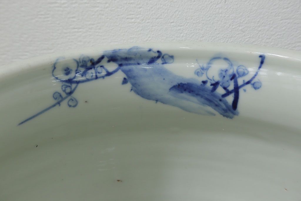 アンティーク雑貨　アンティーク 花鳥の図 染付 水鉢(手水鉢、水甕)