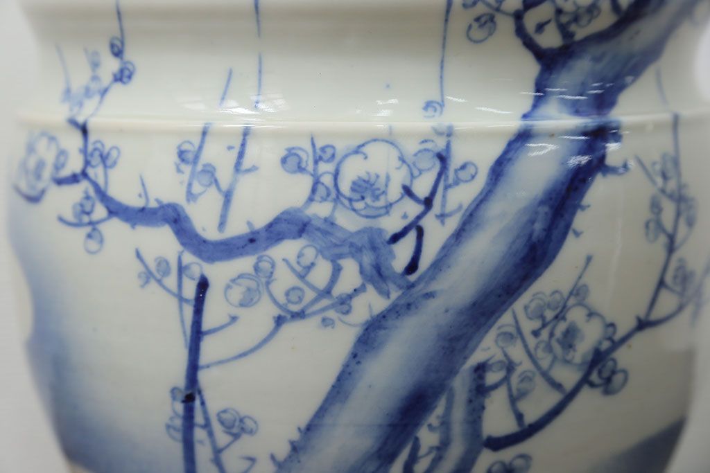 アンティーク雑貨　アンティーク 花鳥の図 染付 水鉢(手水鉢、水甕)