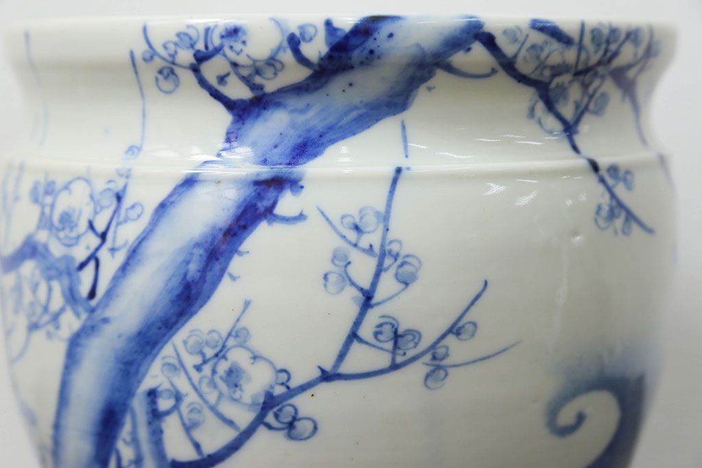 アンティーク雑貨　アンティーク 花鳥の図 染付 水鉢(手水鉢、水甕)