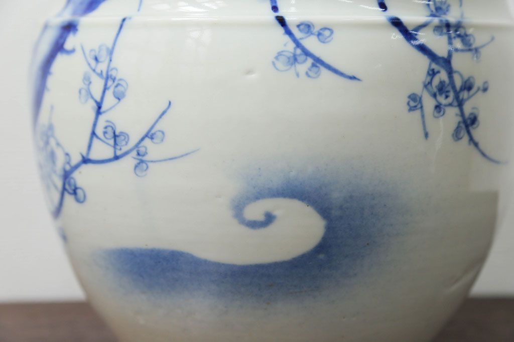 アンティーク雑貨　アンティーク 花鳥の図 染付 水鉢(手水鉢、水甕)