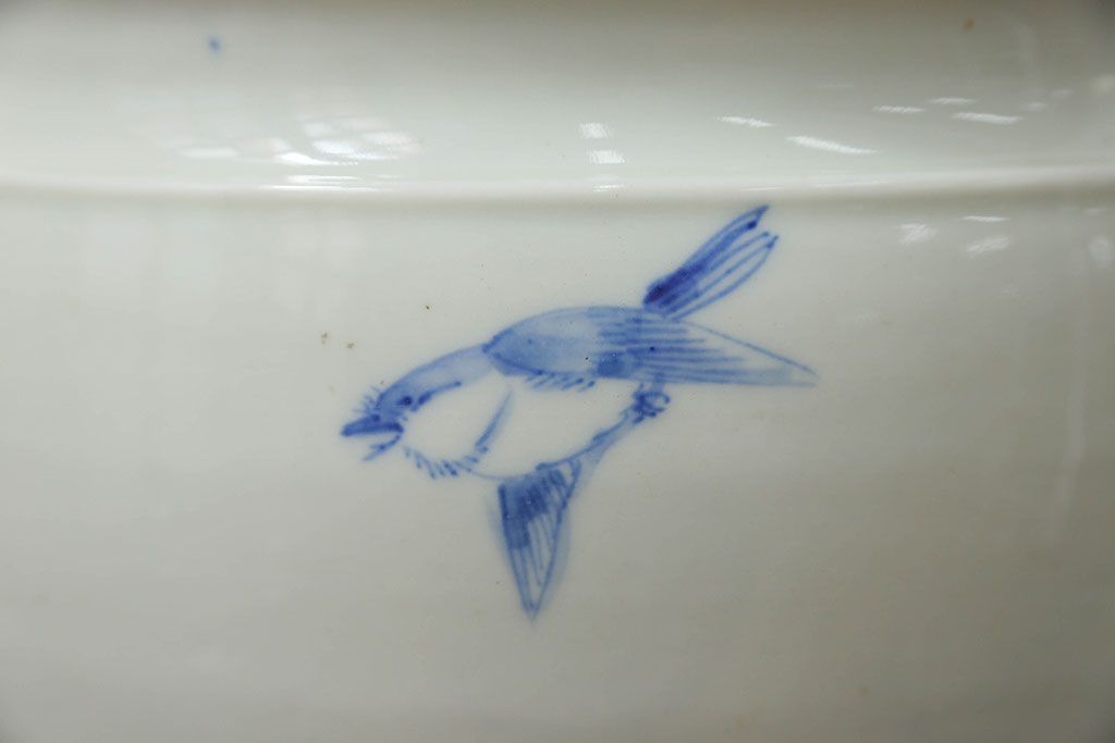 アンティーク雑貨　アンティーク 花鳥の図 染付 水鉢(手水鉢、水甕)