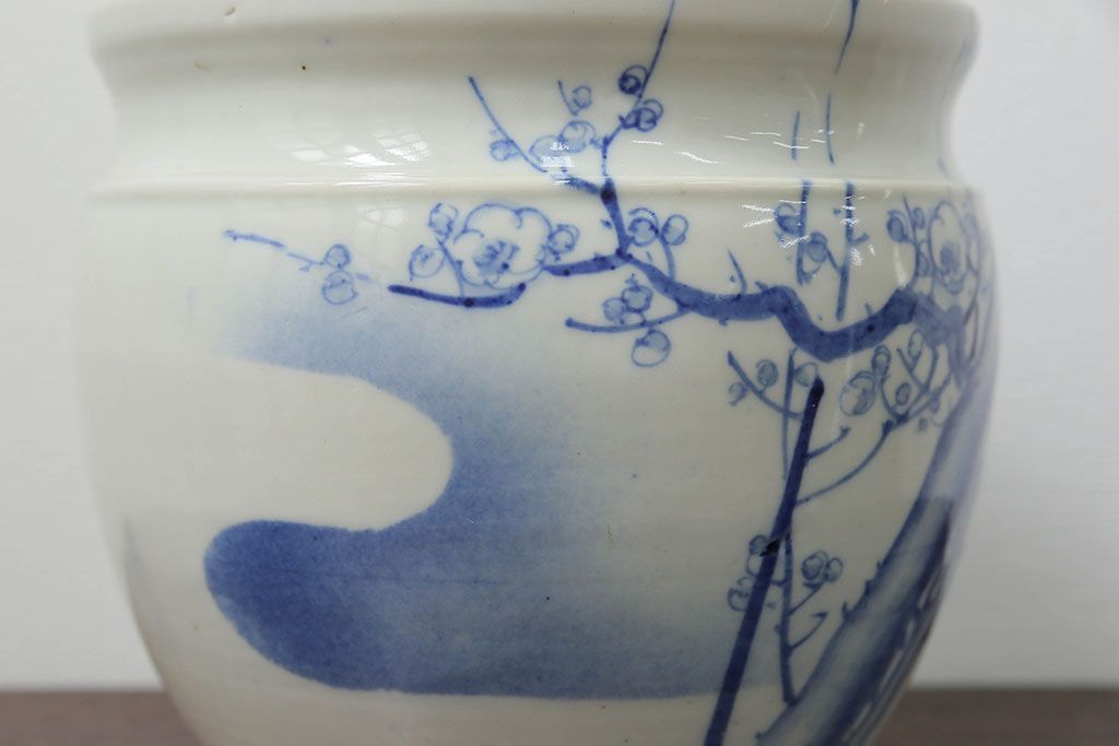 アンティーク雑貨　アンティーク 花鳥の図 染付 水鉢(手水鉢、水甕)