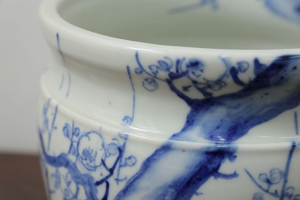 アンティーク雑貨　アンティーク 花鳥の図 染付 水鉢(手水鉢、水甕)