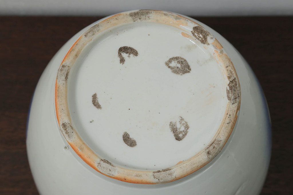 アンティーク雑貨　アンティーク 花鳥の図 染付 水鉢(手水鉢、水甕)