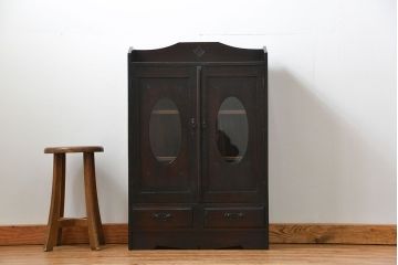 アンティーク家具　アンティーク 古い栓材の小振りな丸窓本箱(ブックケース、収納棚)