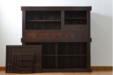 アンティーク家具　アンティーク 丸桟仕上げのモダンな6尺水屋箪笥 (キャビネット、食器棚、戸棚)