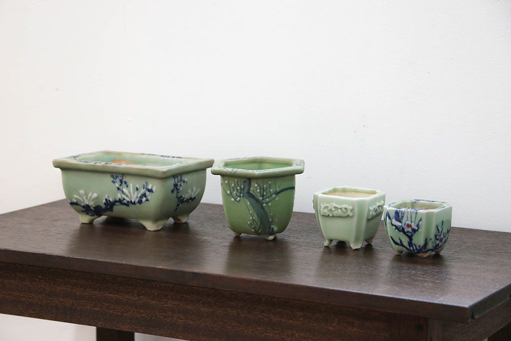 アンティーク雑貨　古民具・骨董 古い青磁 植木鉢 4点セット