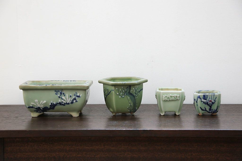 アンティーク雑貨　古民具・骨董 古い青磁 植木鉢 4点セット