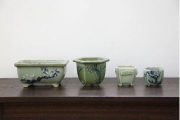 アンティーク雑貨　古民具・骨董 古い青磁 植木鉢 4点セット