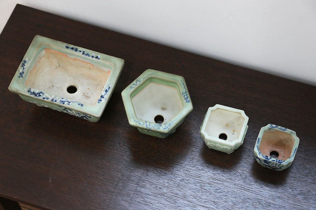 アンティーク雑貨　古民具・骨董 古い青磁 植木鉢 4点セット