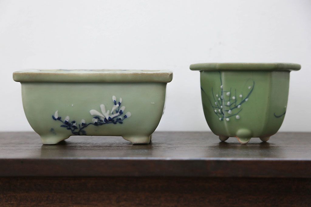 アンティーク雑貨　古民具・骨董 古い青磁 植木鉢 4点セット