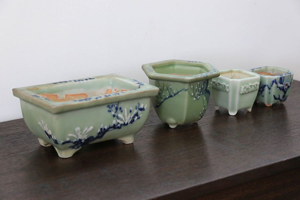 アンティーク雑貨　古民具・骨董 古い青磁 植木鉢 4点セット