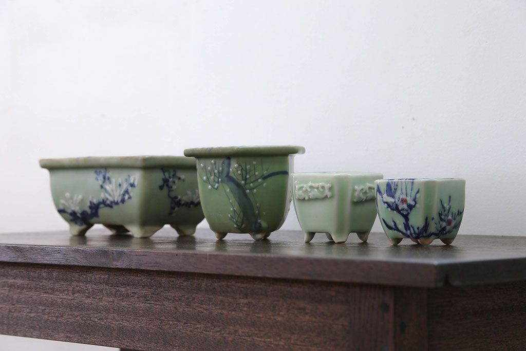 アンティーク雑貨　古民具・骨董 古い青磁 植木鉢 4点セット
