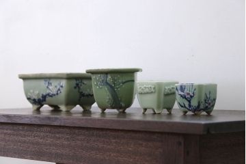 アンティーク雑貨　古民具・骨董 古い青磁 植木鉢 4点セット
