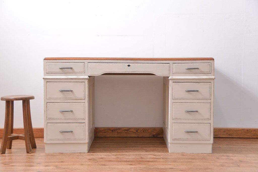 アンティーク家具　アンティークペイント　シンプルな組立て式両袖机 (ニーホールデスク、在宅ワーク、在宅用作業台)