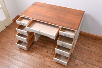 アンティーク家具　アンティークペイント　シンプルな組立て式両袖机 (ニーホールデスク、在宅ワーク、在宅用作業台)