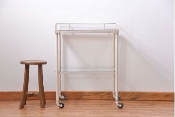 アンティーク家具　アンティーク　ガラス天板のペイントキャスターワゴン(サイドテーブル・キッチンワゴン)