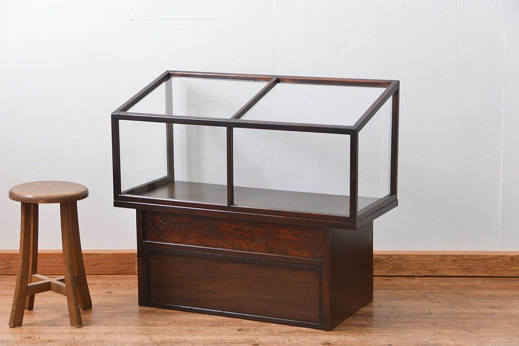 アンティーク家具　和製アンティーク　珍品　欅材を使用した古い時計屋のガラス枠付き修理用作業台(机・テーブル)