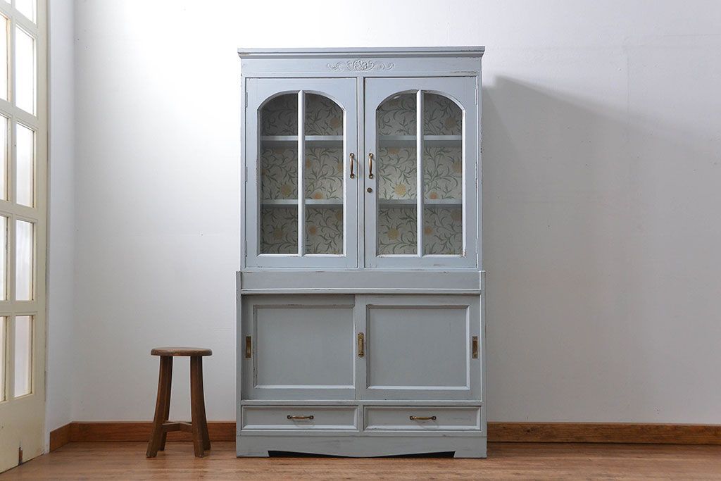 アンティーク家具　アンティークペイント　かわいい二段重ね食器棚(カップボード、収納棚)