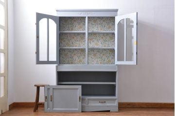 アンティーク家具　アンティークペイント　かわいい二段重ね食器棚(カップボード、収納棚)